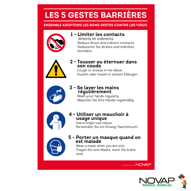 Panneau Les 5 gestes barrières - Rigide A4 - 4600109