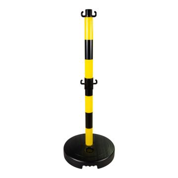 Poteau PVC Jaune/Noir avec crochets à mi-hauteur sur socle à lester 9kg - 2000963 avec logo
