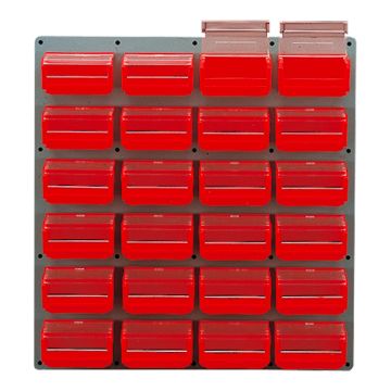 Panneau mural équipé de 24 bacs 0,3L rouges avec couvercles pivotants - Novap