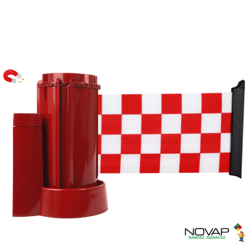 Enrouleur mural magnétique Rouge avec sangle damier Rouge/Blanc 3m x 100mm - 2053754