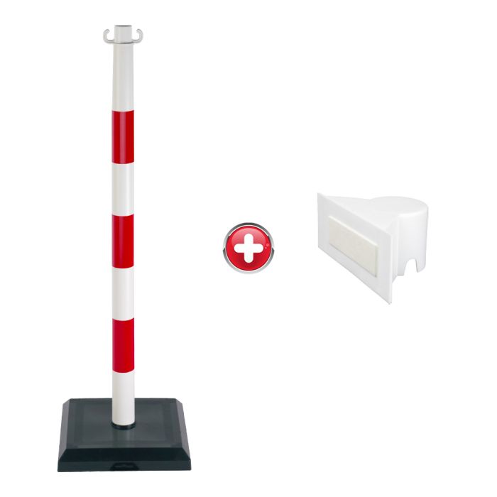 Poteau PVC Rouge/Blanc sur socle lesté 3kg avec support panneau - Novap