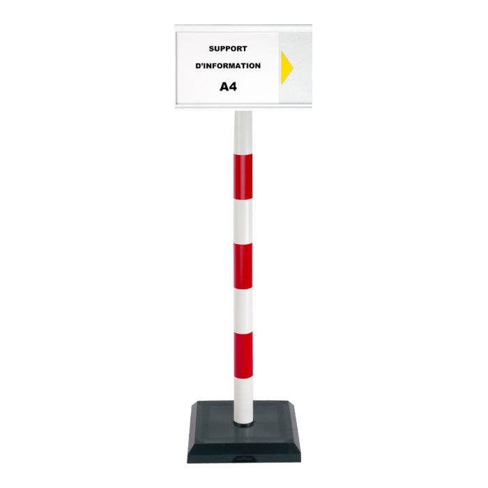Poteau PVC grande hauteur Rouge/Blanc sur socle lesté 3kg avec support d'information A4 - Novap