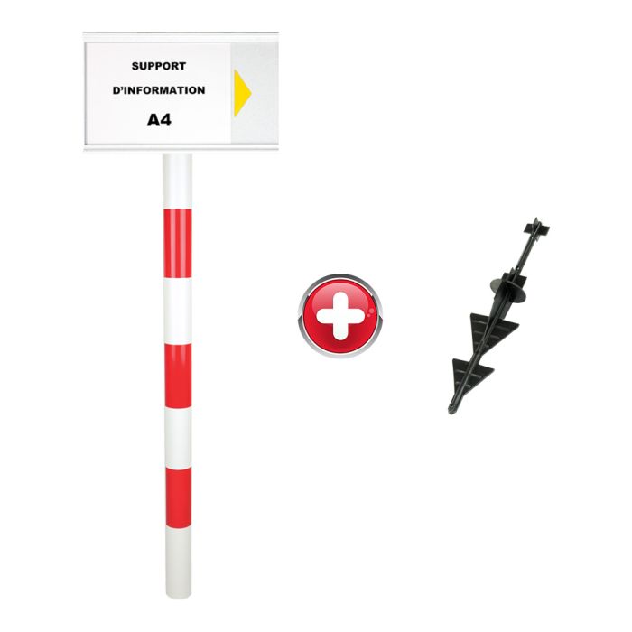 Poteau PVC grande hauteur Rouge/Blanc sur pointe avec support d'information A4 - Novap