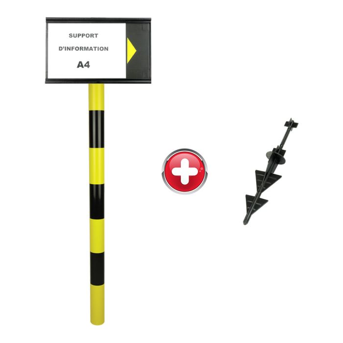 Poteau PVC grande hauteur Jaune/Noir sur pointe avec support d'information A4 - Novap