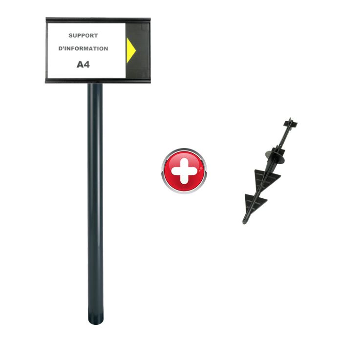 Poteau PVC grande hauteur Noir sur pointe avec support d'information A4 - Novap