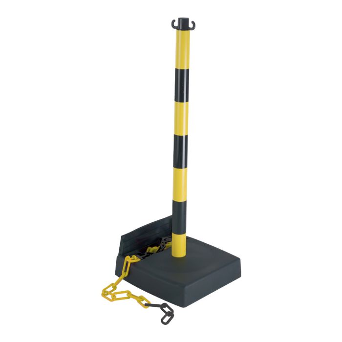 Poteau PVC Jaune/Noir avec réserve de chaîne sur socle lesté 6kg - Novap