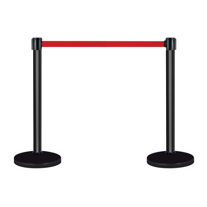 Kit 2 Poteaux à sangles Alu noir sur socle lesté 10kg avec tête à sangle Rouge 5m x 50mm et tête réceptrice - Novap