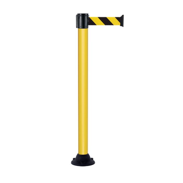 Poteau alu jaune à sangle Noir/Jaune Hachuré sur socle fixe - Novap