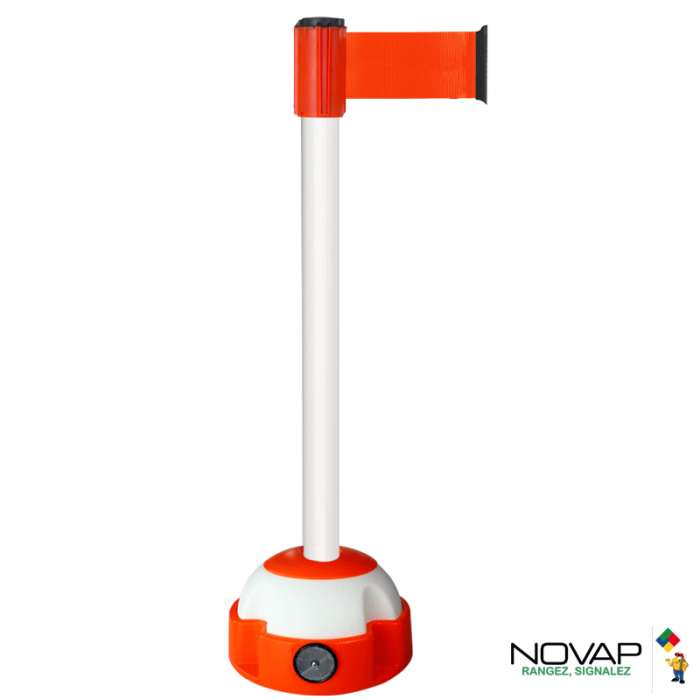 Poteau Alu Blanc laqué à sangle Orange fluo 3m x 100mm sur socle Balise - Novap