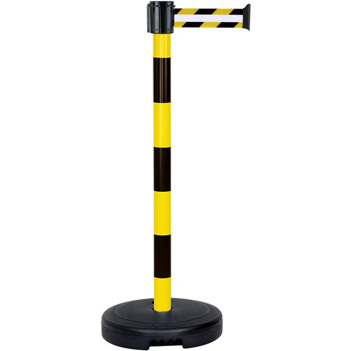 Poteau PVC Jaune/Noir à sangle Jaune/Noir Rétro hachuré 3m x 50mm sur socle 9kg à lester - Novap