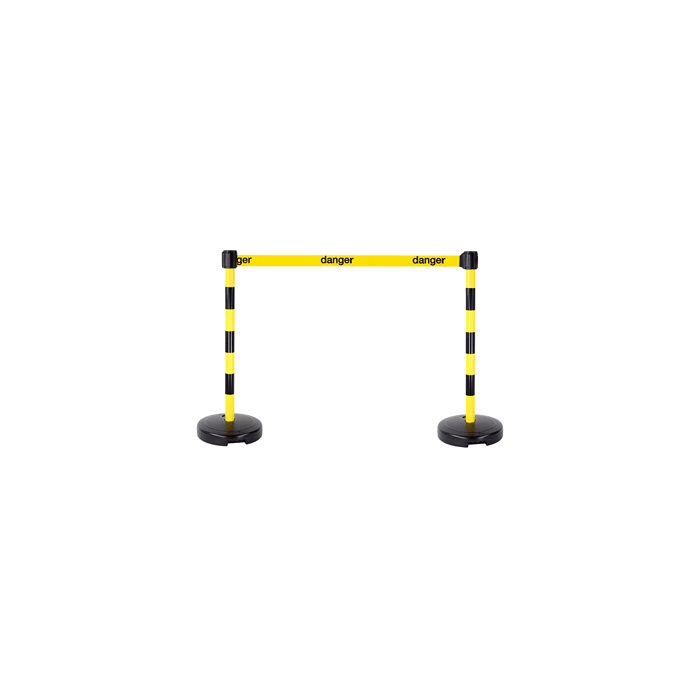 Kit 2 Poteaux PVC Jaune/Noir sur socle 9kg à lester avec tête à sangle Jaune Danger 3m x 50mm et tête réceptrice - Novap