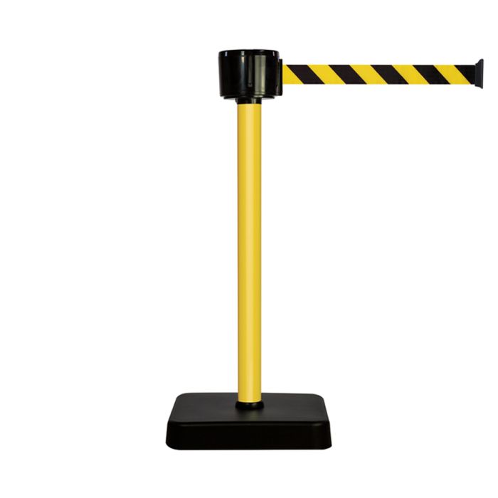Poteau alu jaune à sangle grande longueur hachurée jaune/noir 12m x 50mm sur socle mobile - Novap