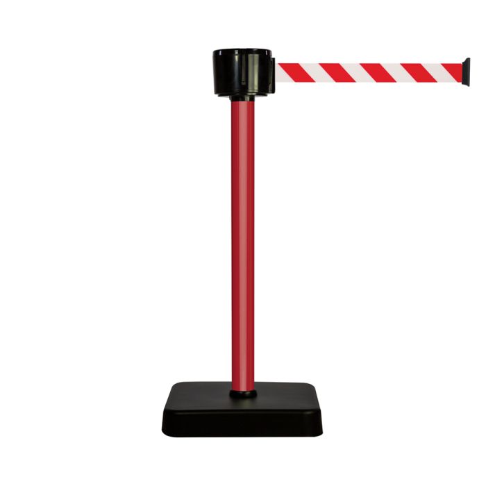 Poteau alu rouge à sangle grande longueur hachurée rouge/blanc 12m x 50mm sur socle mobile - Novap