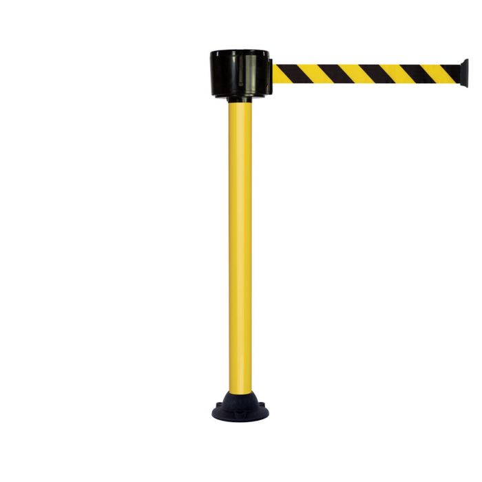 Poteau alu jaune à sangle grande longueur hachurée jaune/noir 12m x 50mm sur socle fixe - Novap