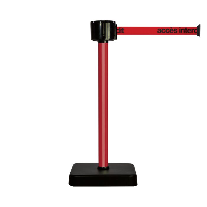 Poteau alu rouge à sangle grande longueur rouge accès interdit 12m x 50mm sur socle mobile - Novap