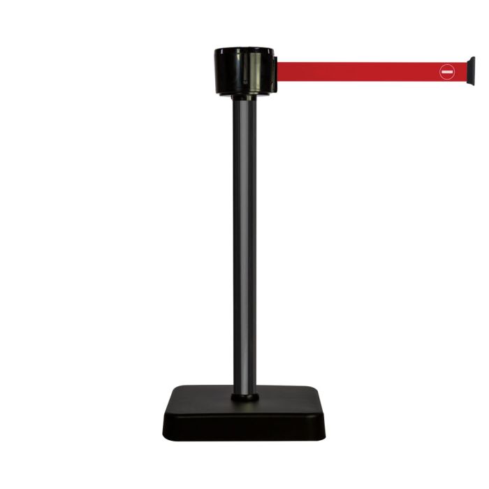 Poteau alu noir à sangle grande longueur rouge sens interdit 12m x 50mm sur socle mobile - Novap