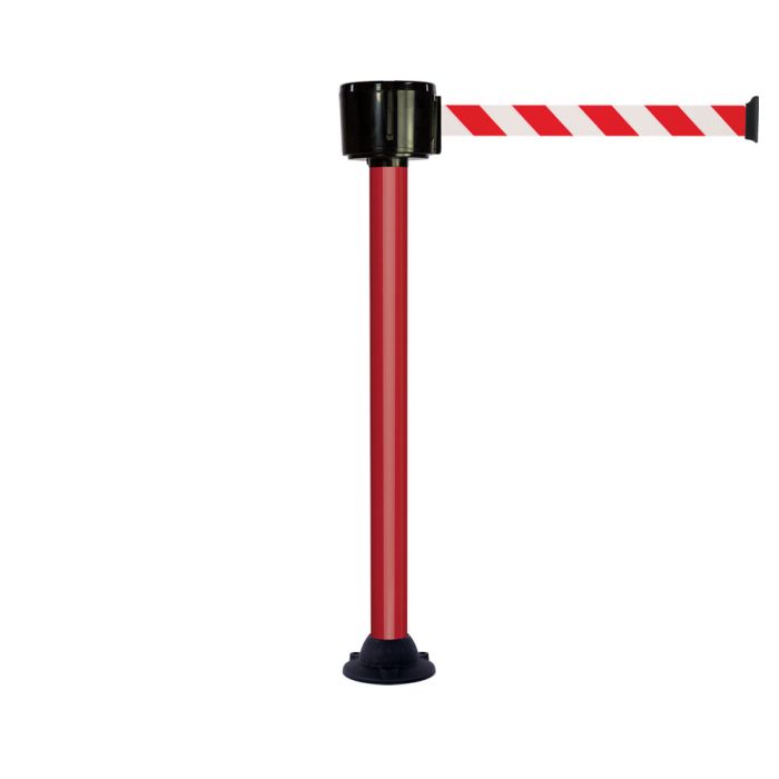 Poteau alu rouge à sangle grande longueur hachurée rouge/blanc 12m x 50mm sur socle fixe - Novap