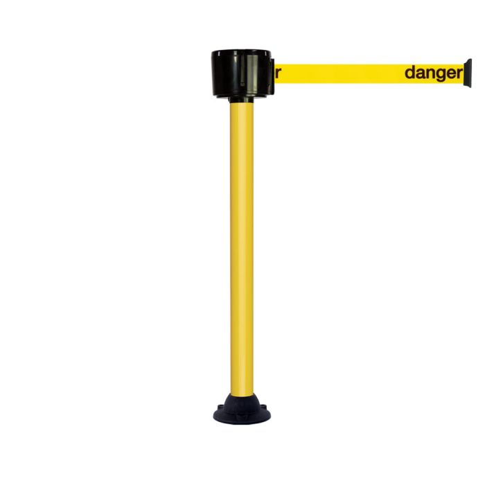 Poteau alu jaune à sangle grande longueur jaune + danger 12m x 50mm sur socle fixe - Novap