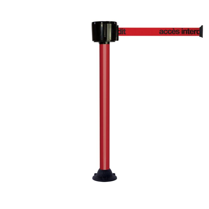 Poteau alu rouge à sangle grande longueur rouge + accès interdit 12m x 50mm sur socle fixe - Novap