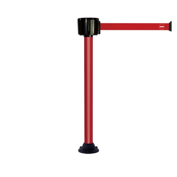 Poteau alu rouge à sangle grande longueur rouge + sens interdit 12m x 50mm sur socle fixe - Novap