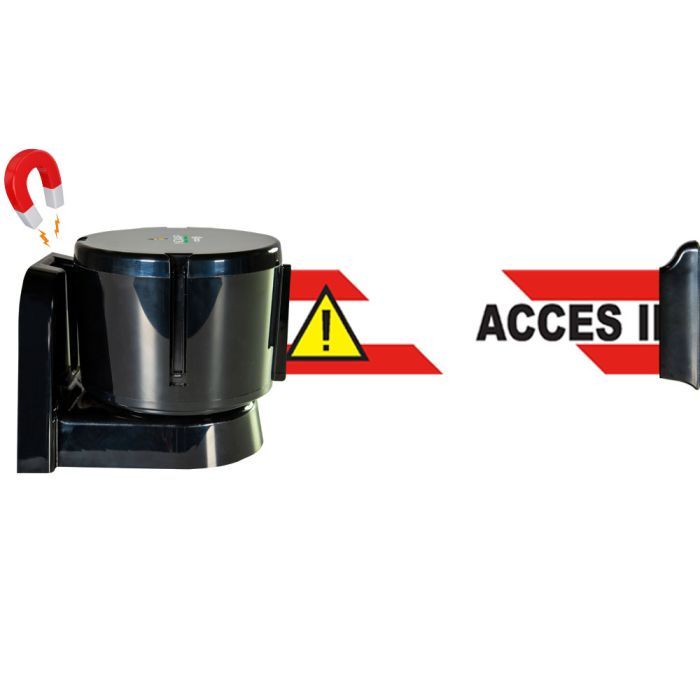 Dérouleur mural magnétique grande longueur avec sangle accès interdit trilingue 12m x 50mm - Novap