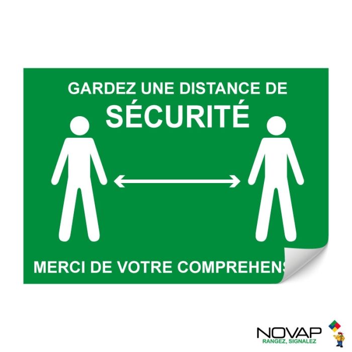 Panneau Garder une distance de sécurité - Vert - Adhésif A4 - Novap
