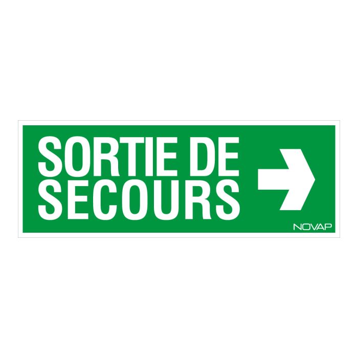 Panneau Sortie de secours flèche droite (texte) - Rigide 330x120mm - Novap
