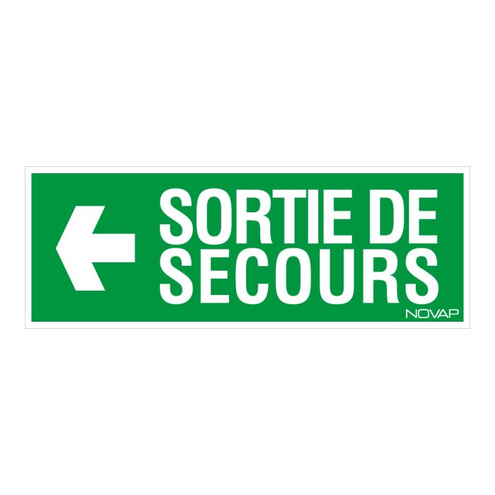 Panneau Sortie de secours flèche gauche (texte) - Rigide 330x120mm - Novap