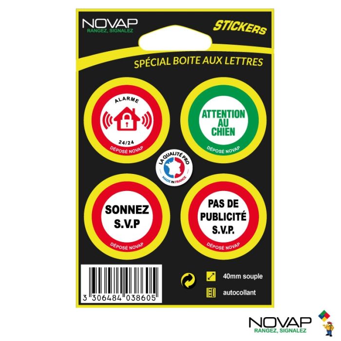 Planche de 4 stickers Ø 40mm Haute Visibilité – Spécial boite aux lettres - Novap