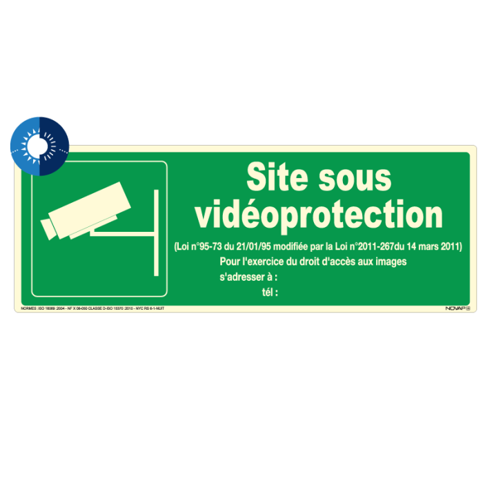 Panneau photoluminescent HD Site sous vidéo protection - rigide 330x120mm - Novap