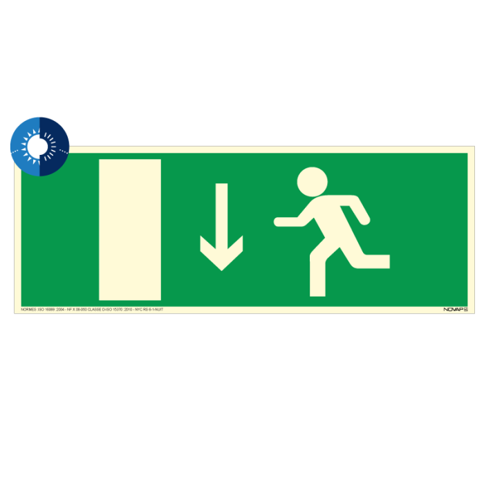 Panneau photoluminescent HD Sortie de secours en bas - rigide 330x120mm - Novap