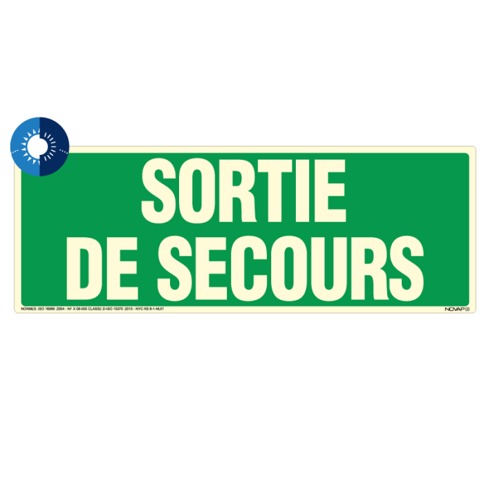 Panneau photoluminescent HD Sortie de secours - rigide 330x120mm - Novap