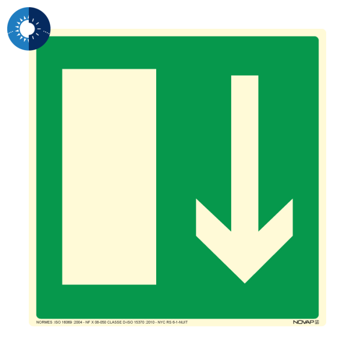 Panneau photoluminescent HD Sortie de secours en bas - rigide 200x200mm - Novap