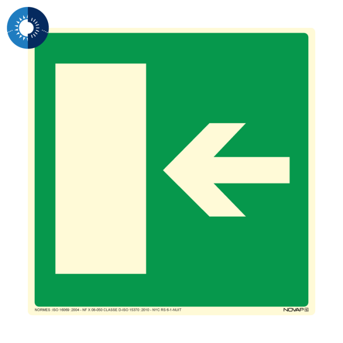 Panneau photoluminescent HD Sortie de secours à gauche - rigide 200x200mm - Novap