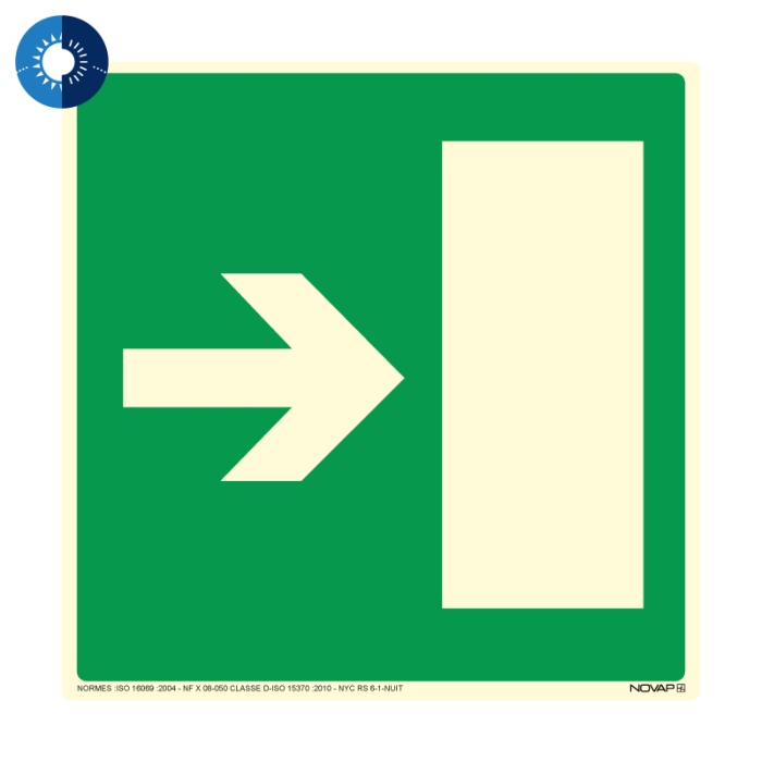 Panneau photoluminescent HD Sortie de secours à droite- rigide 200x200mm - Novap