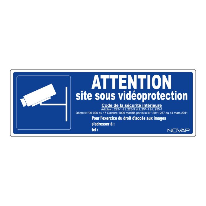 Panneau bleu Attention site sous vidéoprotection avec pictogramme - Rigide 330x120mm - Novap