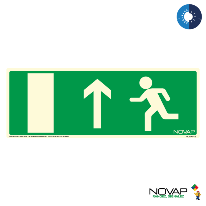 Panneau photoluminescent Sortie de secours en haut - Rigide 330x120mm - Novap