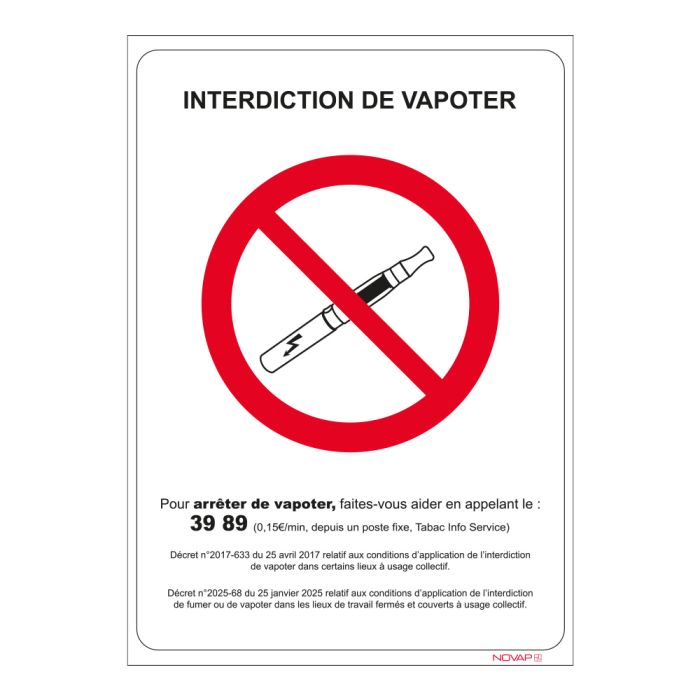 Panneau interdiction de Vapoter – Rigide A4 – Novap