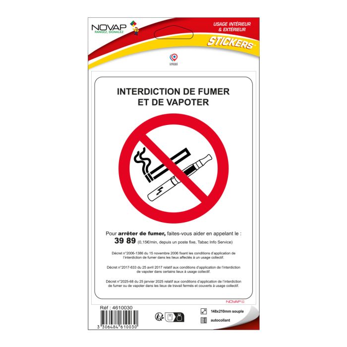 Panneau interdiction de Fumer et de Vapoter – Adhésif 148x210mm – Novap