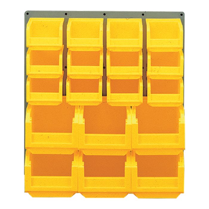 Panneau mural équipé de 12 bacs 1L et 6 bacs 3L jaunes - Novap