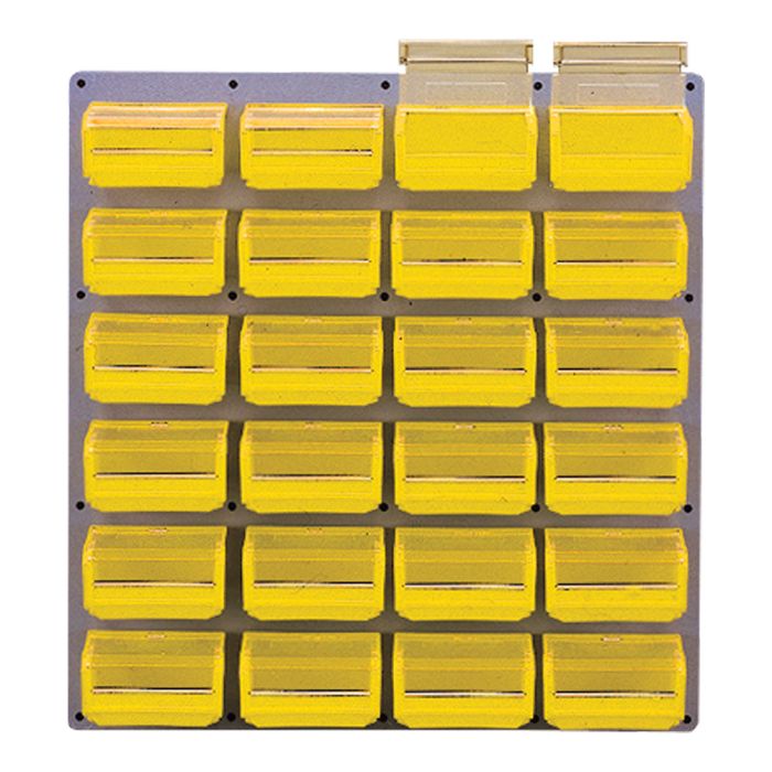 Panneau mural équipé de 24 bacs 0 3L jaunes avec couvercles pivotants - Novap