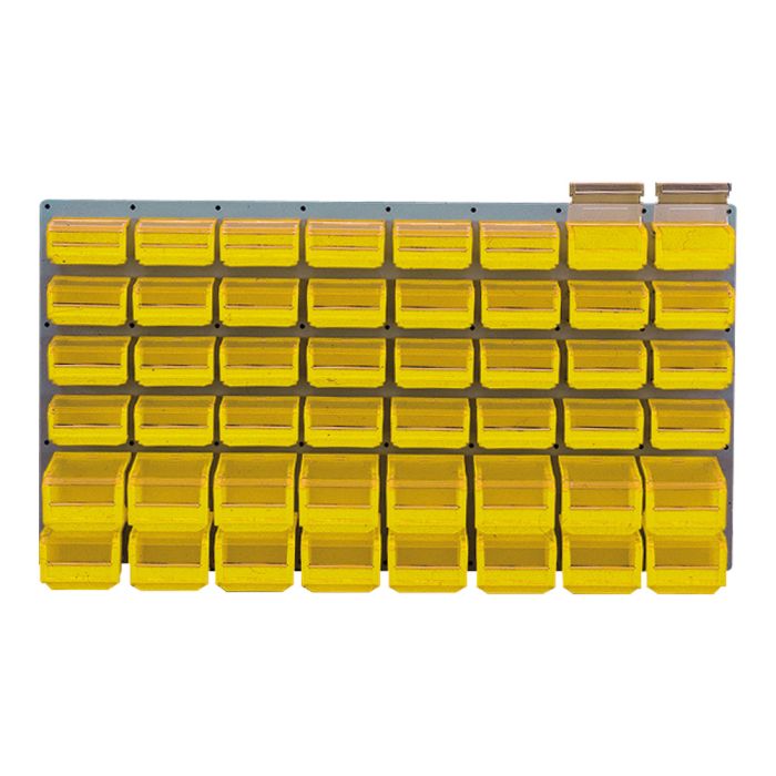 Panneau mural équipé de 32 bacs 0 3L et 16 bacs 1L jaunes avec couvercles pivotants - Novap