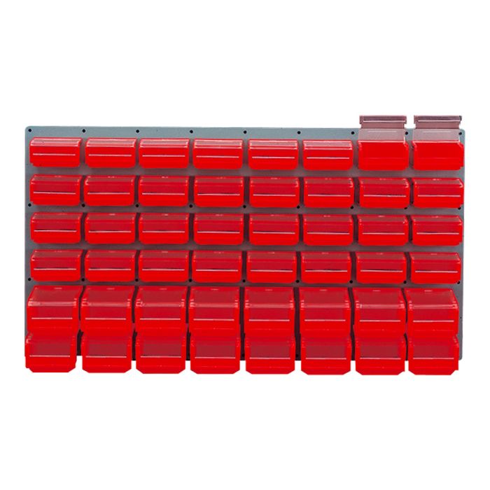Panneau mural équipé de 32 bacs 0 3L et 16 bacs 1L rouges avec couvercles pivotants - Novap