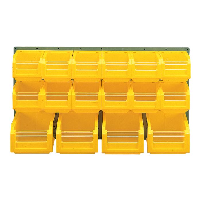 Panneau mural équipé de 12 bacs 3L et 4 bacs 8L jaunes avec volets abattants - Novap