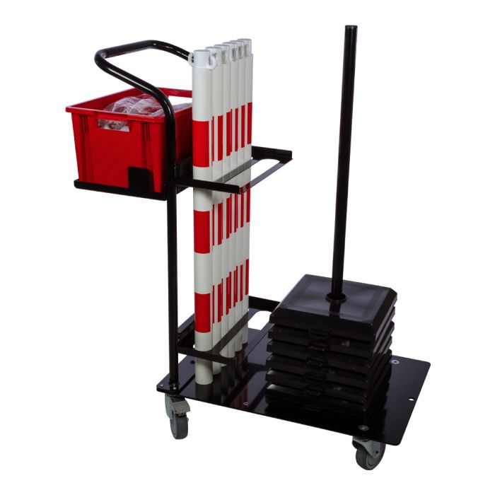 Chariot de signalisation maintenance - 6 Poteaux PVC lestés 3 Kg + chaine 25M Rouge/Blanc - Novap