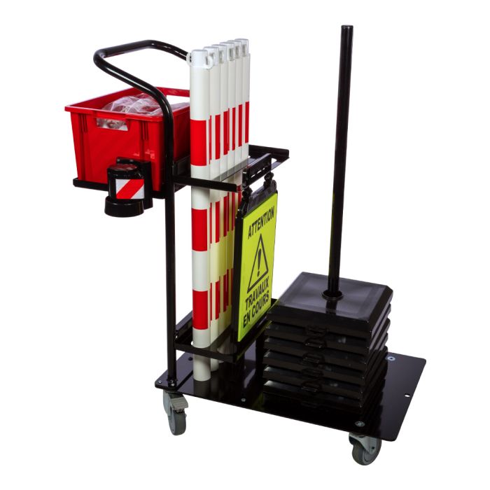 Chariot de signalisation maintenance - 6 Poteaux PVC lestés 3 Kg + Support mural magnétique 3M Rouge/Blanc + Chevalet modulable Travaux en cours - Novap
