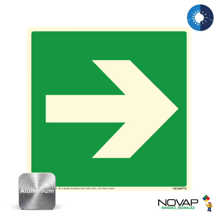 Panneau photoluminescent Flèche directionnelle gauche ou droite - Alu 200x200mm - Novap