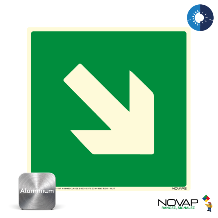 Panneau photoluminescent Flèche directionnelle descente ou montée - Alu 200x200mm - Novap