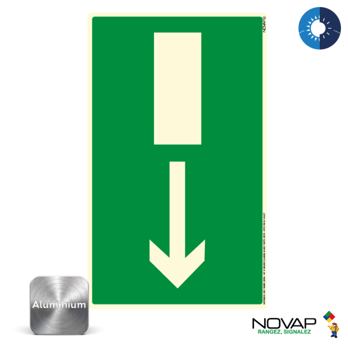 Panneau photoluminescent Sortie de secours en bas - Alu 200x330mm - Novap