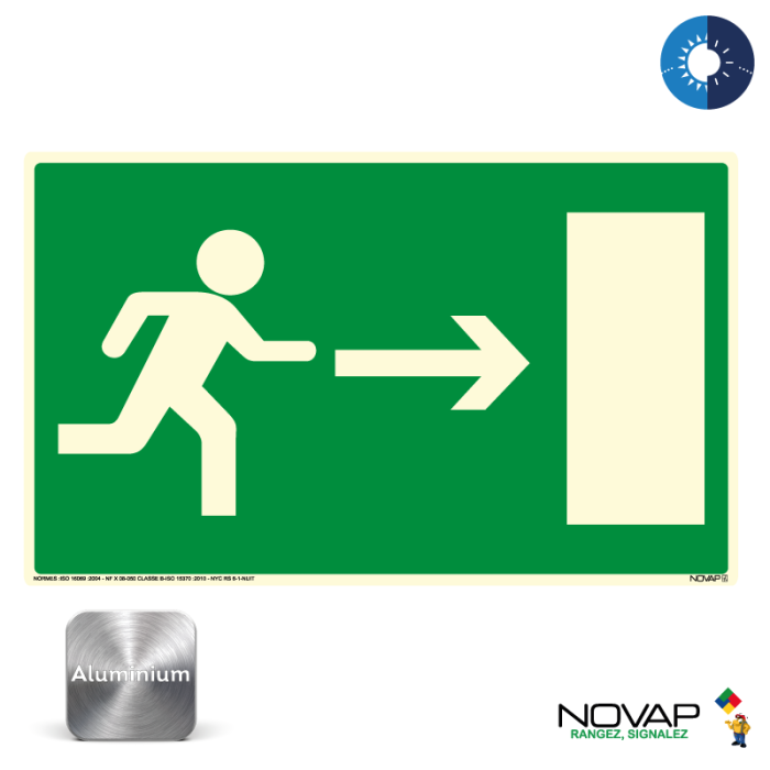 Panneau photoluminescent Sortie de secours à droite - Alu 330x200mm - Novap